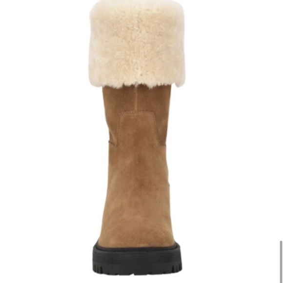 NWT Marc Fisher Willoe 100% Genuine Shearling Trim Lug Sole Boot Natural Suede - Picture 7 of 7